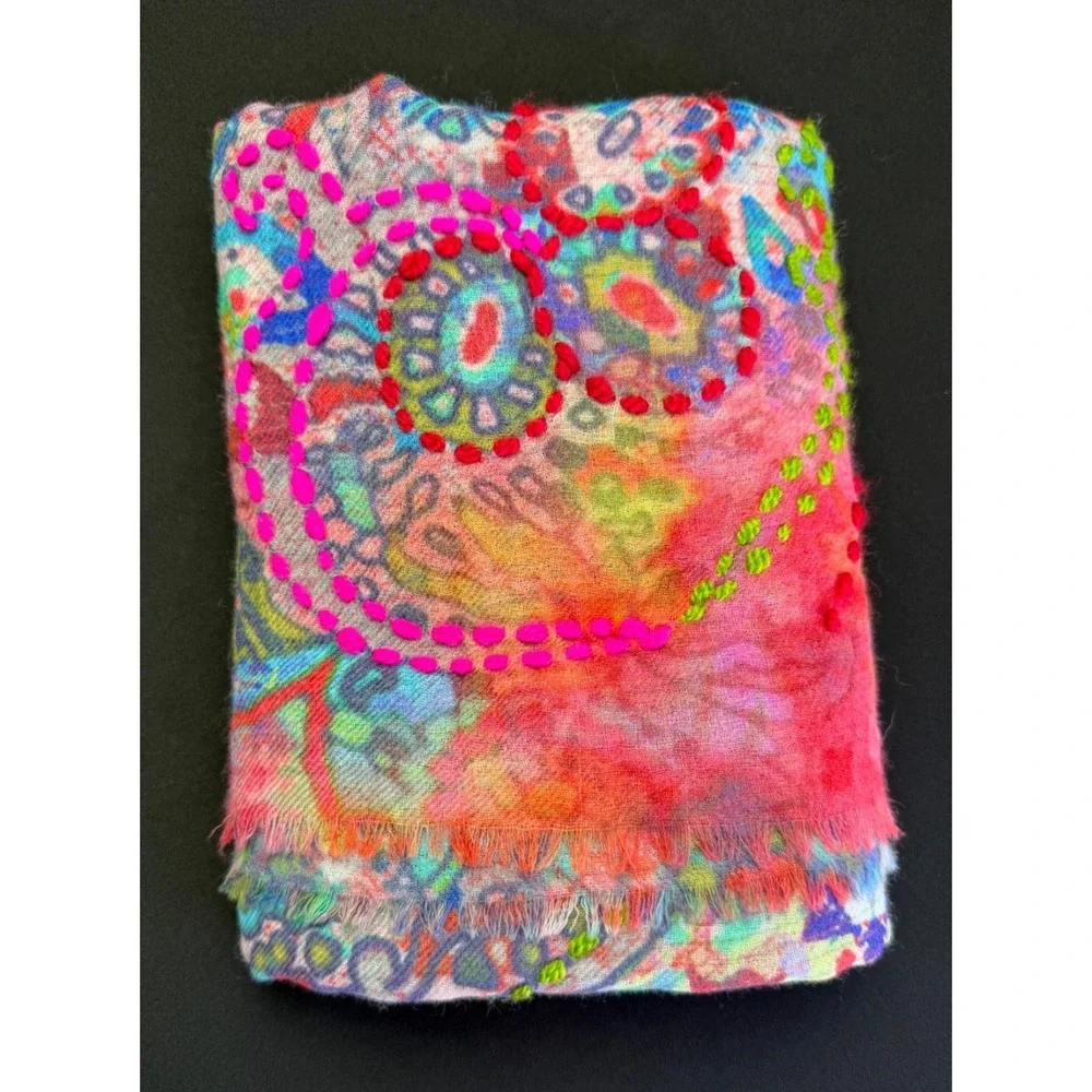 Dolma Wool Silk Scarf Shawl Wrap Lightweight Embroidery Eyelash Fringe 27x70